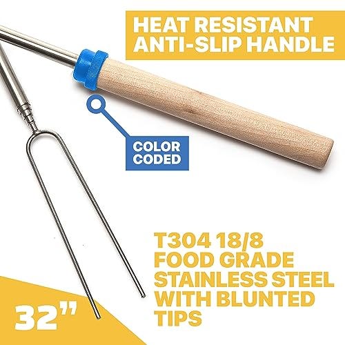 Expandable s'mores sticks with heat-resistant, anti-slip wooden handles, color-coded blue, and made from T304 18/8 food-grade stainless steel with blunted tips, measuring 32 inches.