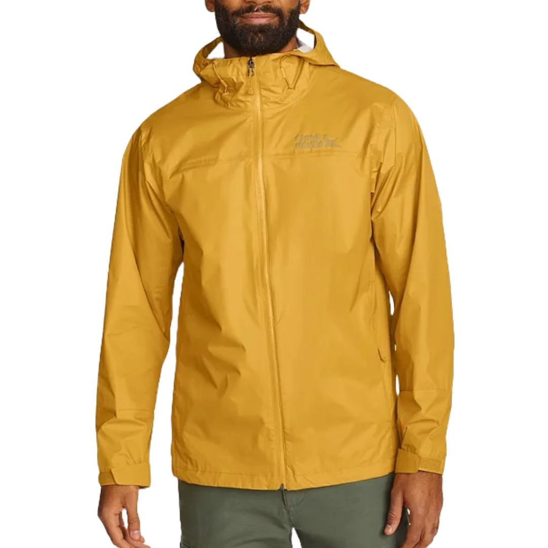 Yellow hooded rain jacket with front zipper, worn by a person in green pants.