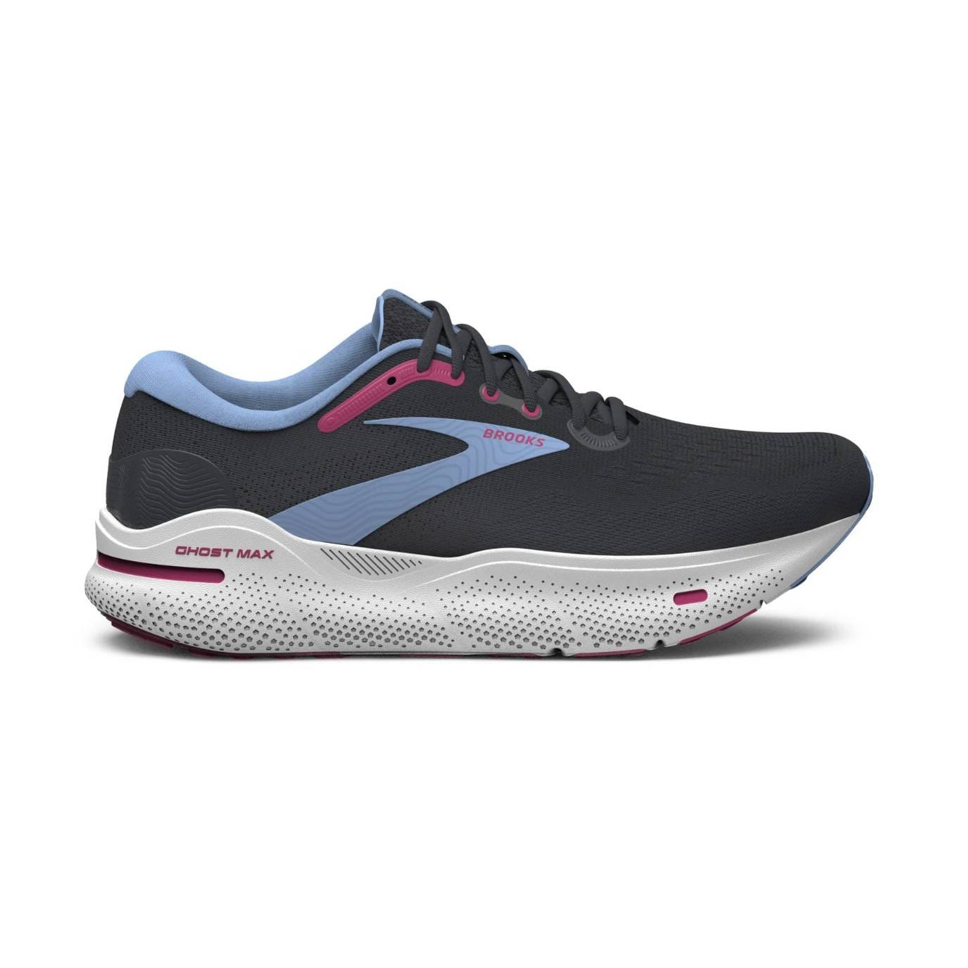 Running shoe with a navy upper, light blue and pink accents, branded as Brooks Ghost Max.