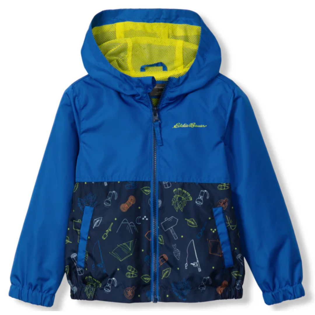 Blue children's jacket with a hood, featuring a yellow lining and a bottom section with outdoor-themed illustrations like tents and lamps. Elastic cuffs and a front zipper are included.