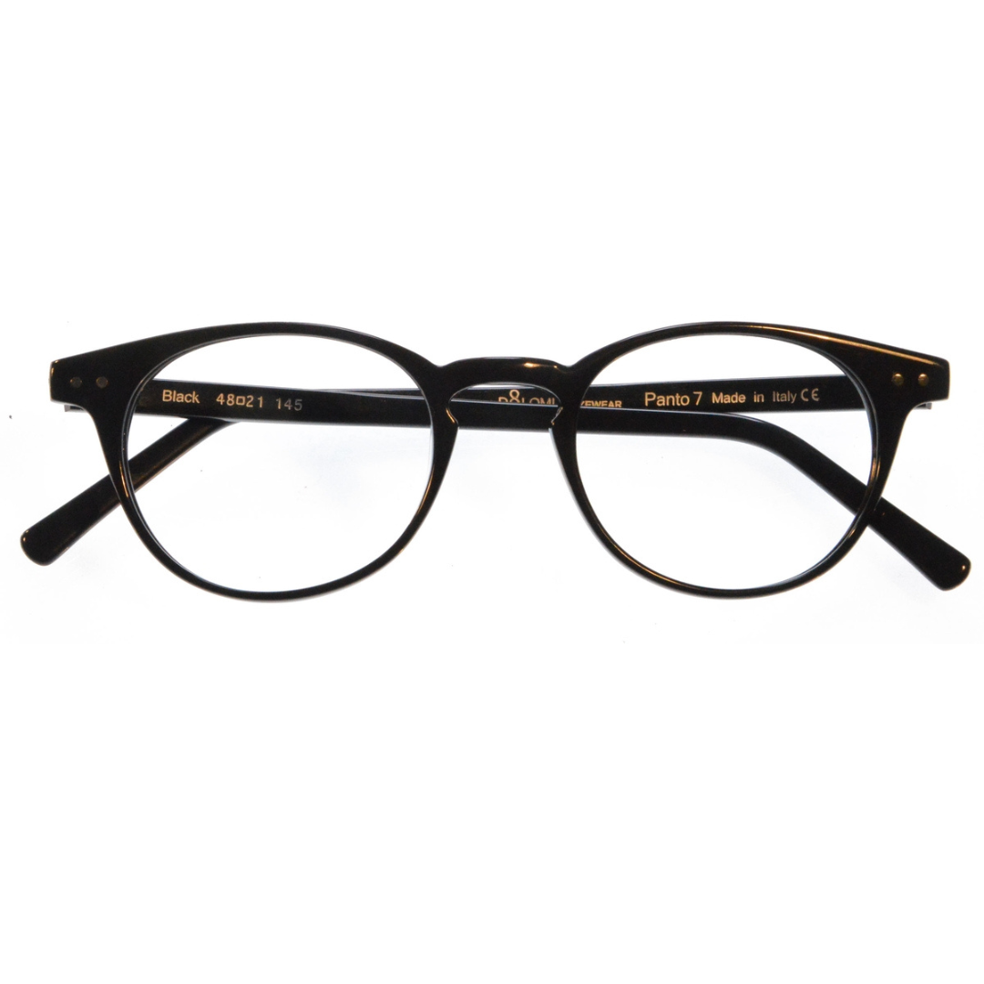A pair of black round-frame eyeglasses.