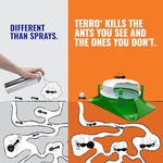 A Terro Outdoor Ant Bait is shown, which is a green and white bait station designed to attract and kill ants, pictured with illustrations contrasting it with ant spray.