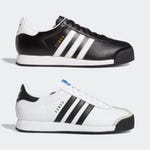 Two pairs of classic-style sneakers, one black and one white, both with three stripes on the side.