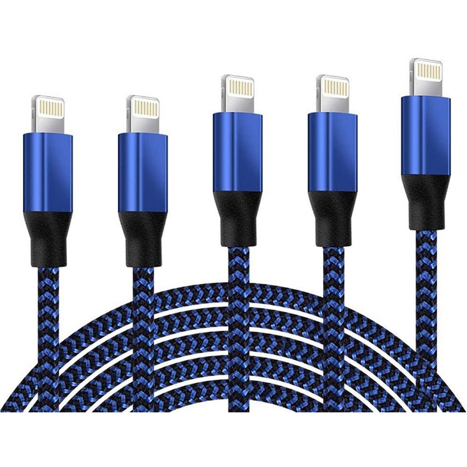 Four blue and black braided Lightning cables.
