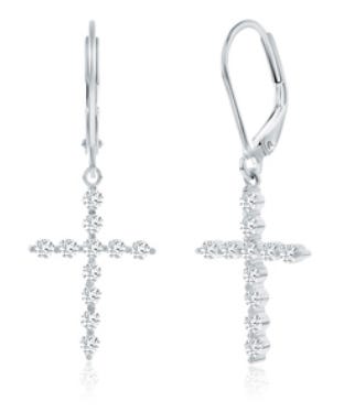 Pair of silver-tone earrings featuring cross-shaped pendants adorned with small round stones.