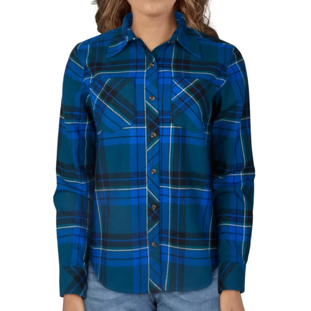 A blue and black plaid flannel shirt with a button-up front, two chest pockets, and long sleeves. The shirt features a classic collar and is paired with light blue jeans.