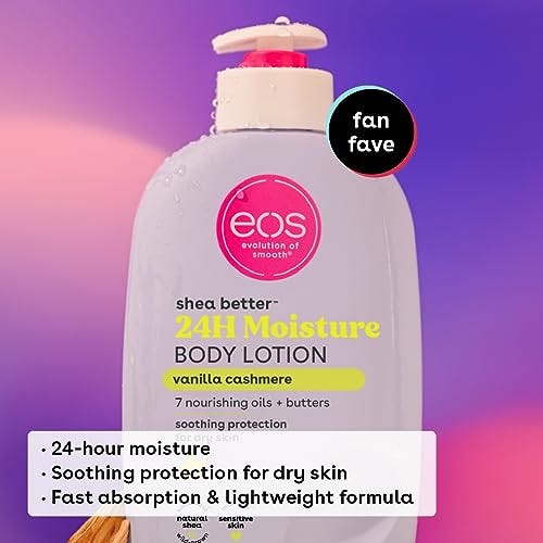 A bottle of Eos Vanilla Cashmere Body Lotion labeled as a fan favorite, highlighting 24-hour moisture with shea butter and seven nourishing oils and butters. Features include soothing protection for dry skin and a fast-absorbing, lightweight formula.