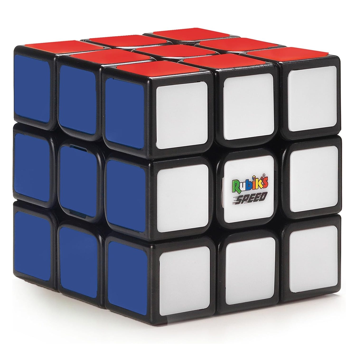 A Rubik's Speed Cube with red, white, and blue stickers on a black frame.