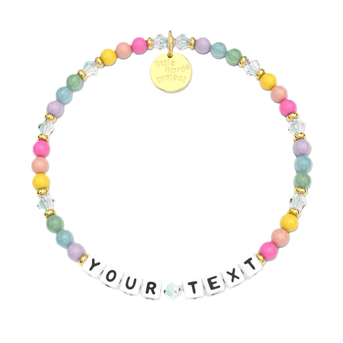 A customizable bracelet featuring multicolored beads and white beads with letters spelling out \“YOUR TEXT\“.