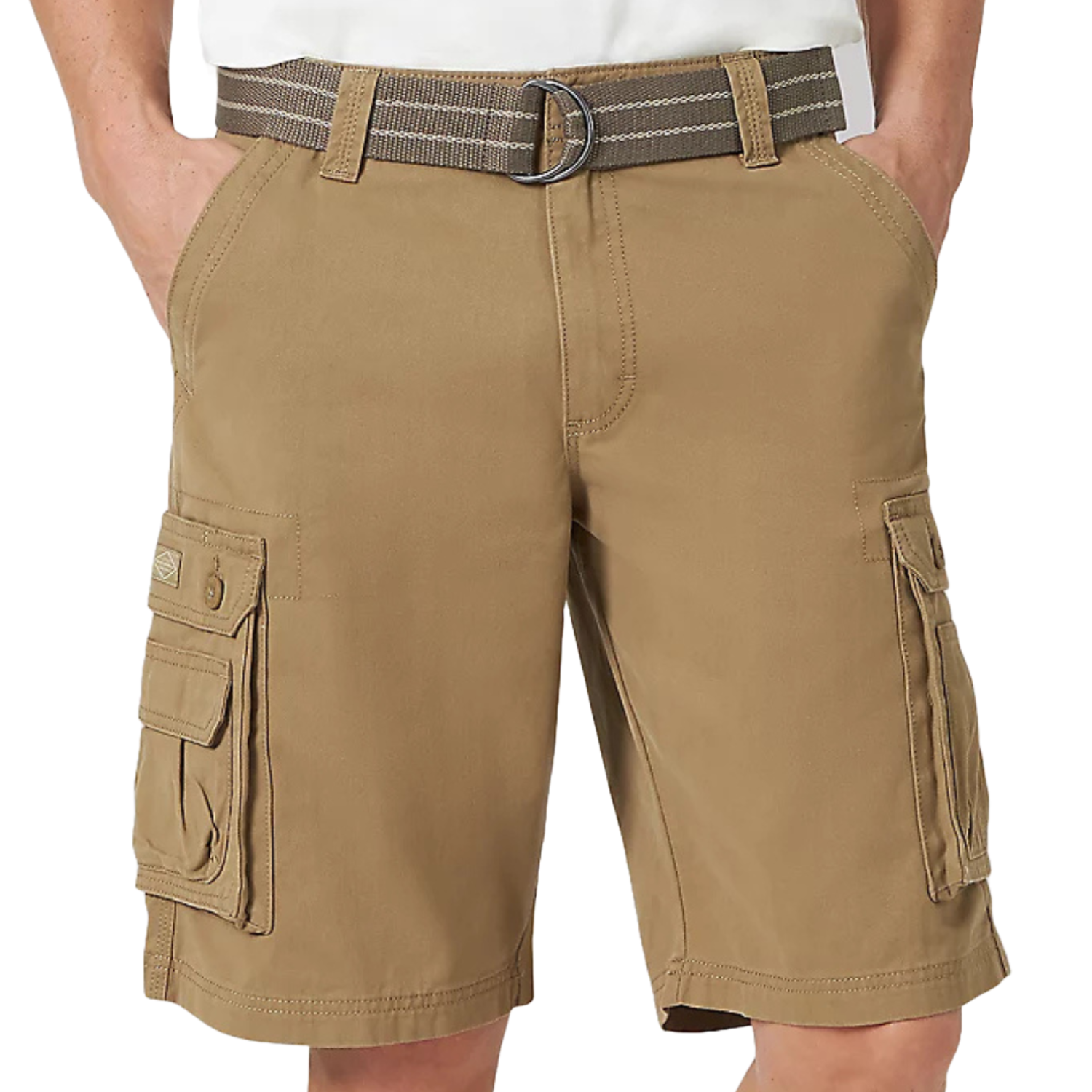 Khaki cargo shorts featuring multiple pockets, a belt with a buckle, and reaching just above the knee.