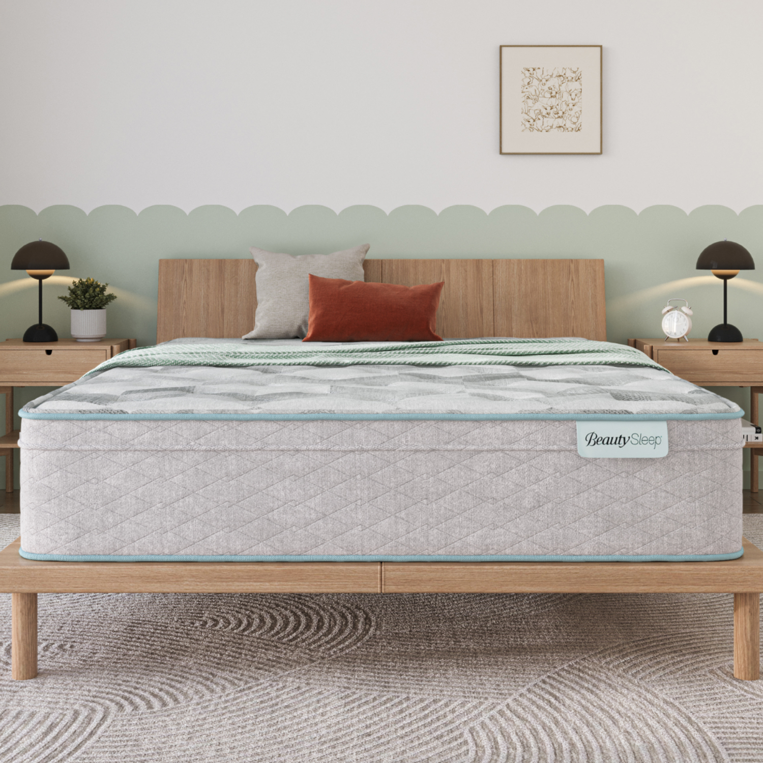 Beauty Sleep Midnight Dream Mattress is a quilted, grey mattress with a teal trim, shown on a wooden bed frame. The bedroom has a modern aesthetic with a minimalist design, featuring a decorative pillow, lamps, and side tables.