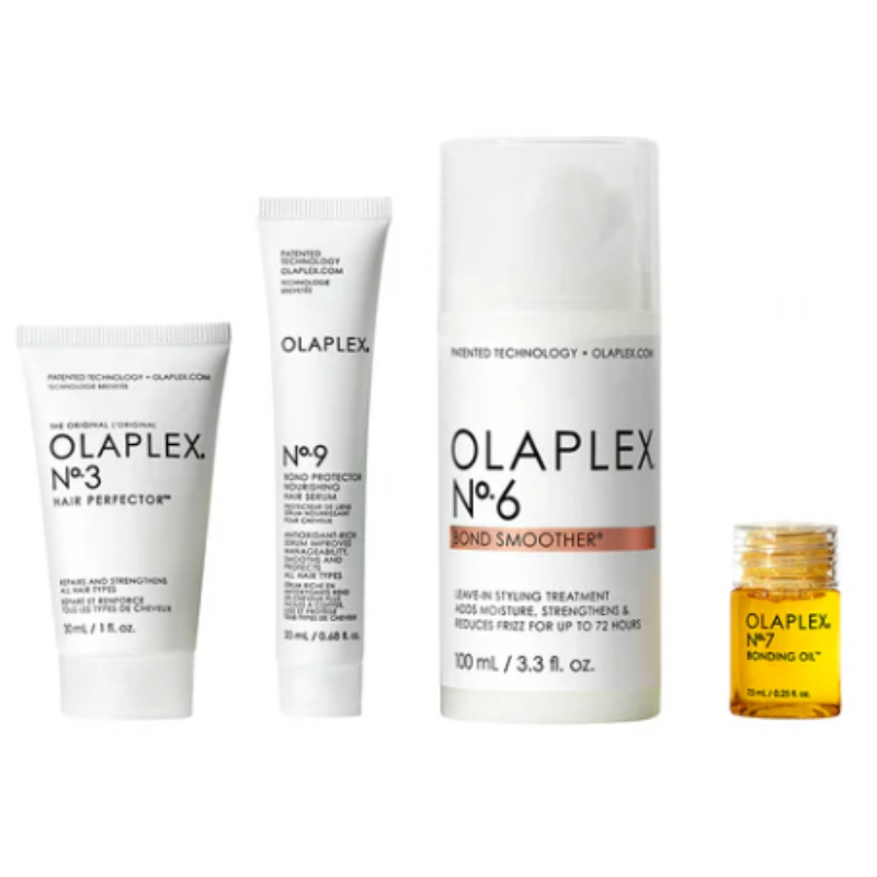 Olaplex 4pc Smooth Your Style Kit includes No. 3 Hair Perfector, No. 9 Bond Protector Nourishing Hair Serum, No. 6 Bond Smoother leave-in styling treatment, and No. 7 Bonding Oil, designed to strengthen, reduce frizz, and enhance hair health.