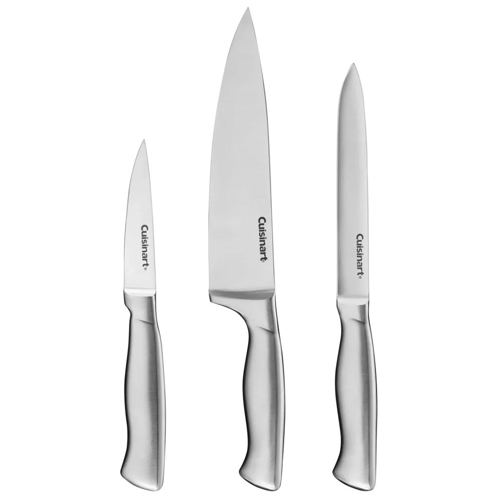 A set of three Cuisinart kitchen knives, featuring a paring knife, chef's knife, and utility knife, all with stainless steel blades and handles.