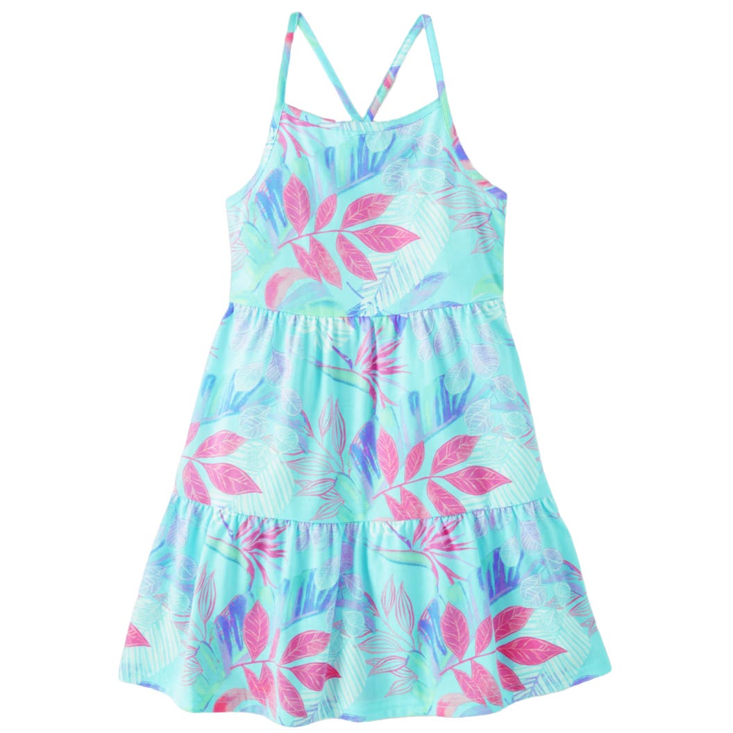 Girls' summer dress with a vibrant teal base featuring pink and blue leaf patterns, spaghetti straps, and a tiered skirt.