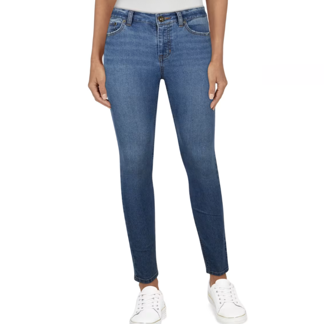 Blue slim-fit jeans with a medium wash and classic five-pocket styling, paired with white sneakers.