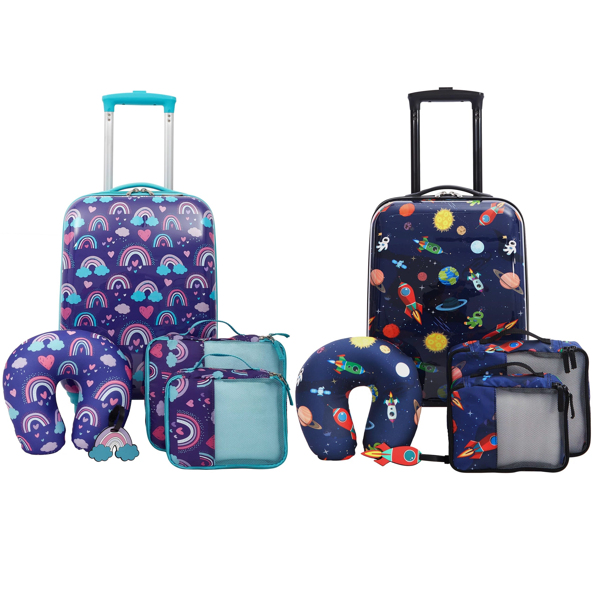 Two sets of children's travel accessories with one designed in a rainbow theme and the other in a space theme, including suitcases, neck pillows, and organizer bags.