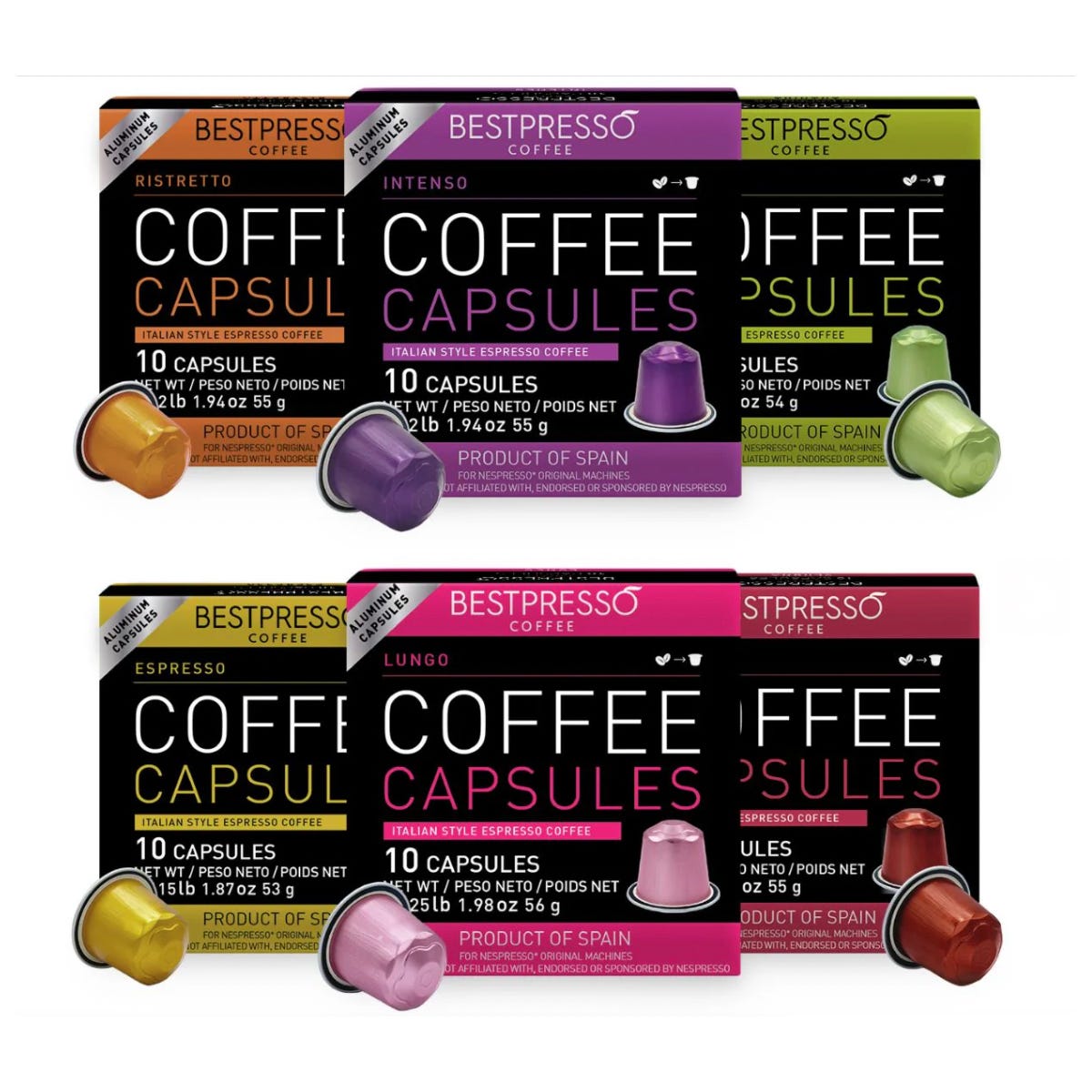 Four boxes of Bestpresso coffee capsules in various flavors: Ristretto, Intenso, Espresso, and Lungo.