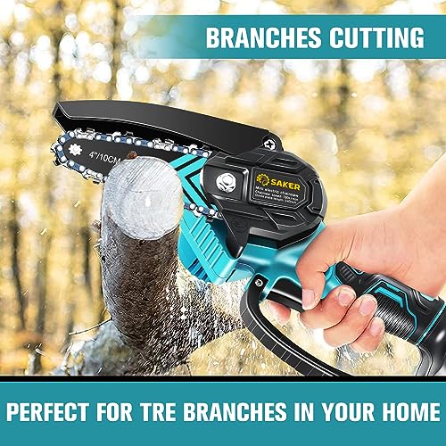 A mini cordless chainsaw is shown cutting through a tree branch, highlighting its capability for home branch cutting.
