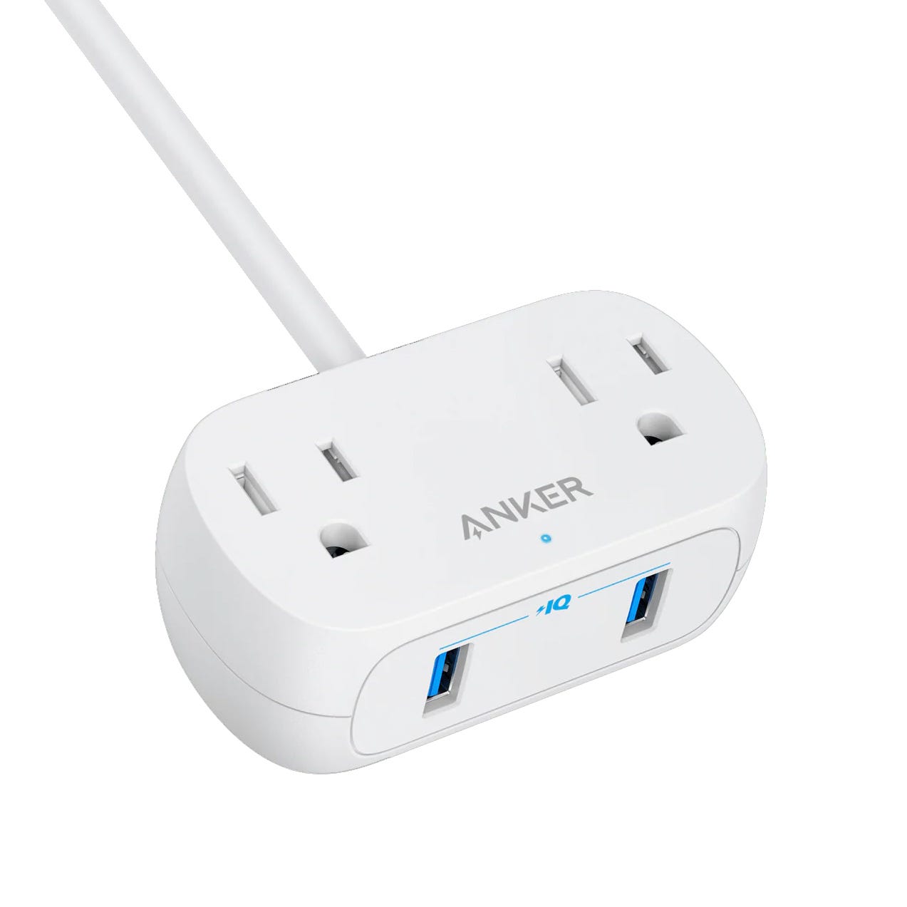 A white Anker power strip with two standard AC outlets and two USB ports, featuring a blue LED indicator and a white cable.