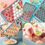 Round ice cube trays are shown with various fruits and flavors frozen inside, creating colorful, sphere-shaped ice.