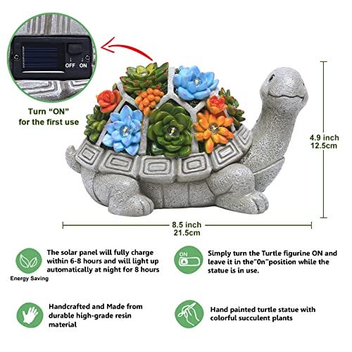 A solar-powered garden statue shaped like a turtle with a shell adorned with colorful hand-painted succulent plants, made from durable high-grade resin, featuring an 8.5-inch length and 4.9-inch height.