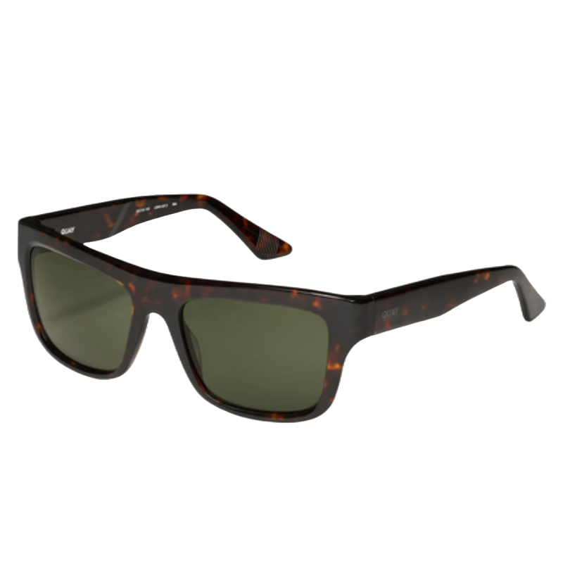 Rectangular tortoiseshell sunglasses with green lenses and wide arms displaying the Quay logo.