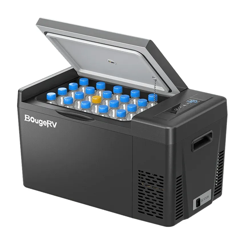 Portable BougeRV refrigerator filled with bottles, open lid.