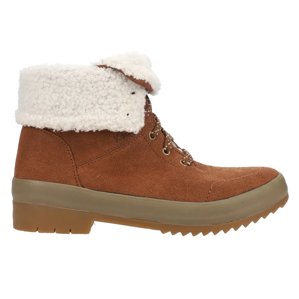 Brown suede lace-up boots with a fold-over faux fur collar and a rugged rubber sole.