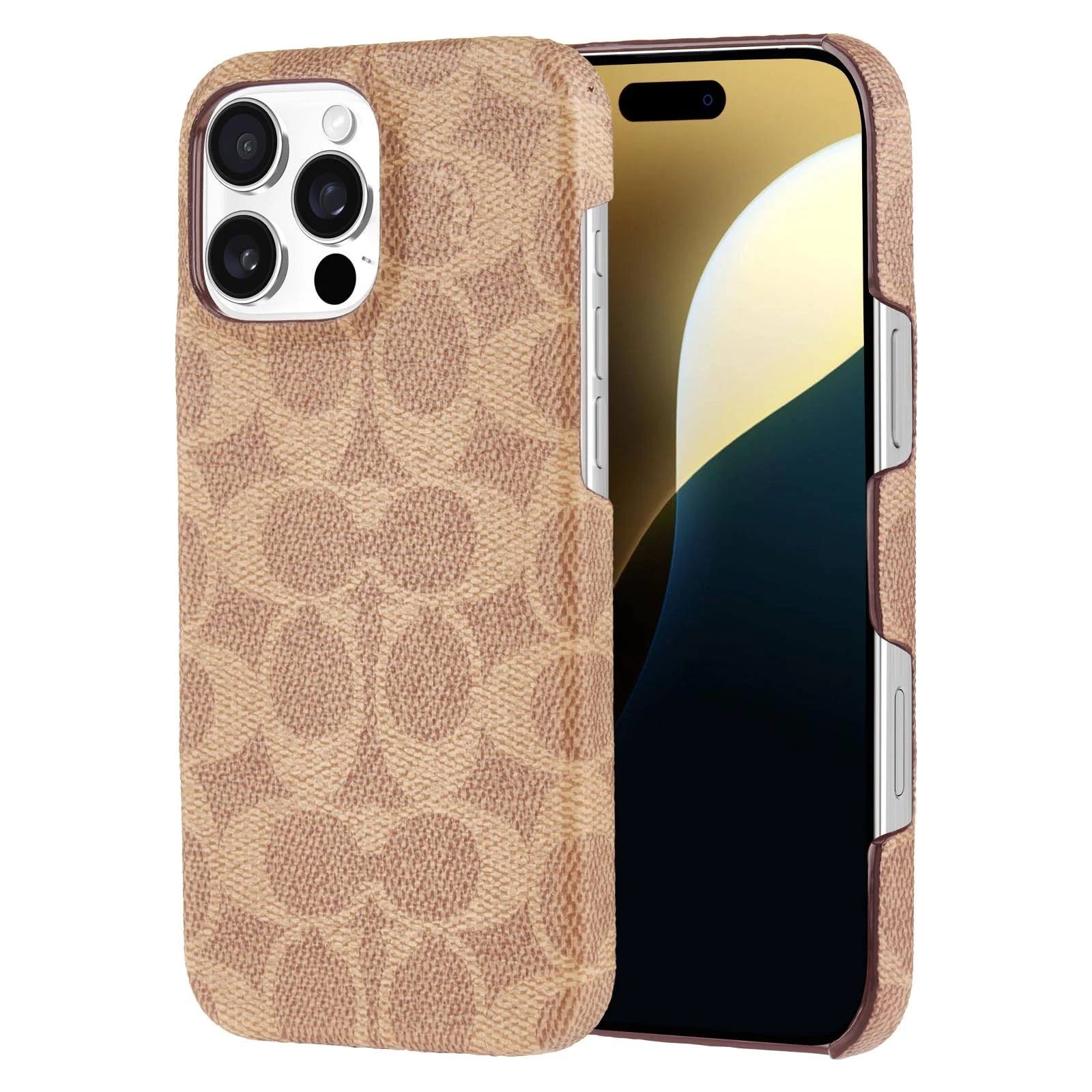 Coach iPhone 16 Slim Wrap Case has a beige textured fabric design with the iconic Coach pattern and precise cutouts for camera and buttons.