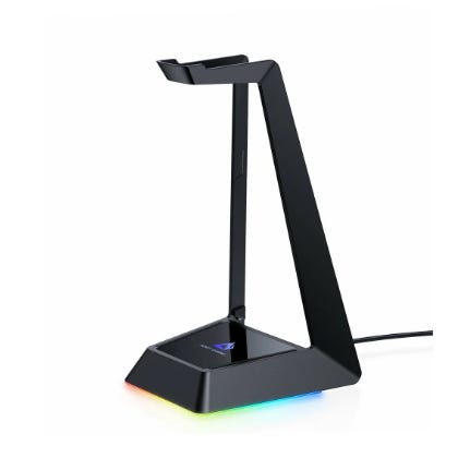 This is a black headphone stand with RGB lighting at the base, featuring a USB cable for charging and an angular design.