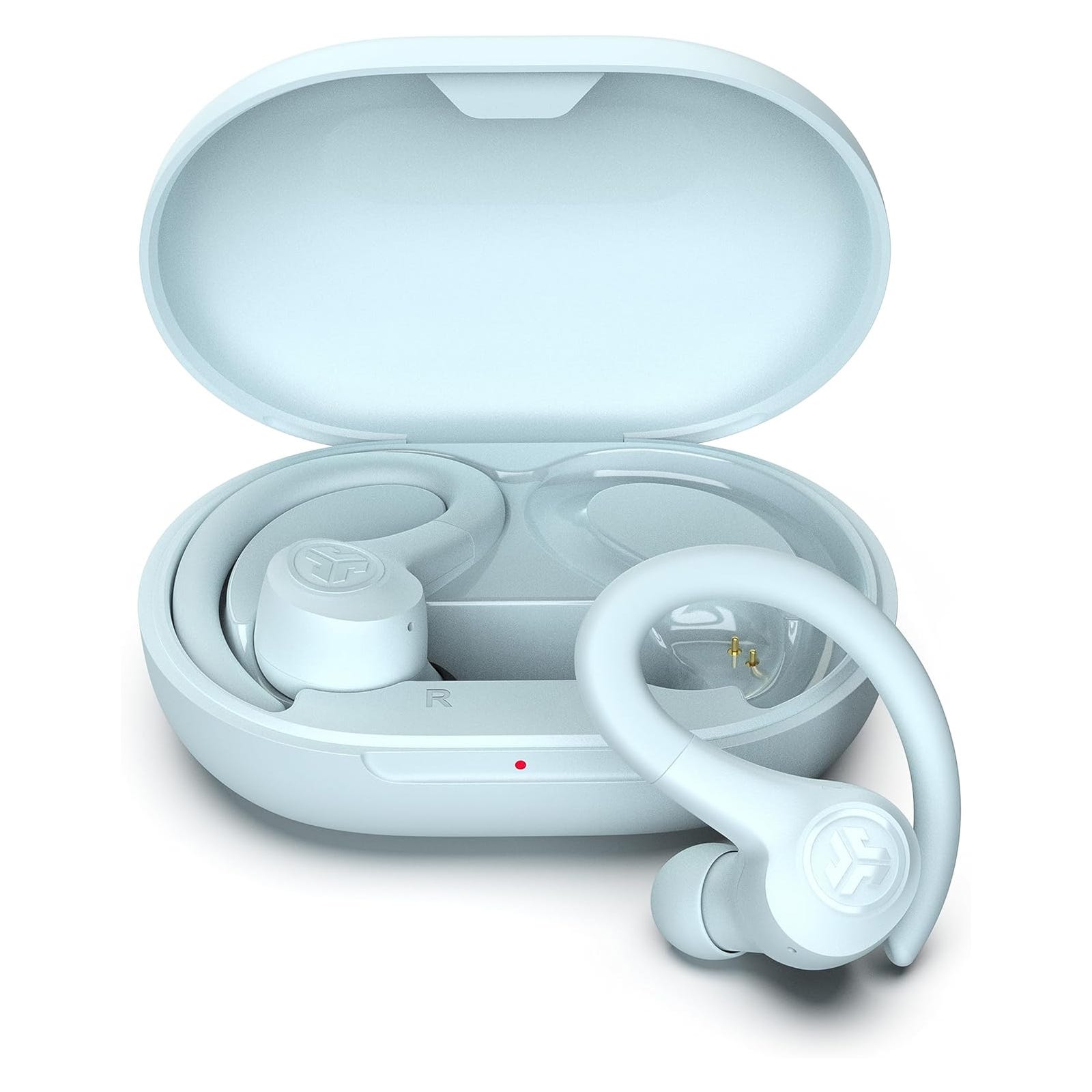 Wireless earbuds with ear hooks in a charging case.