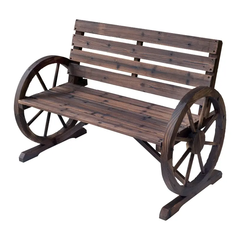 A wooden patio bench with a rustic design featuring two wagon-wheel armrests on either side.
