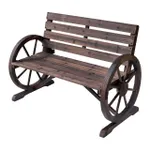 A wooden patio bench with a rustic design featuring two wagon-wheel armrests on either side.