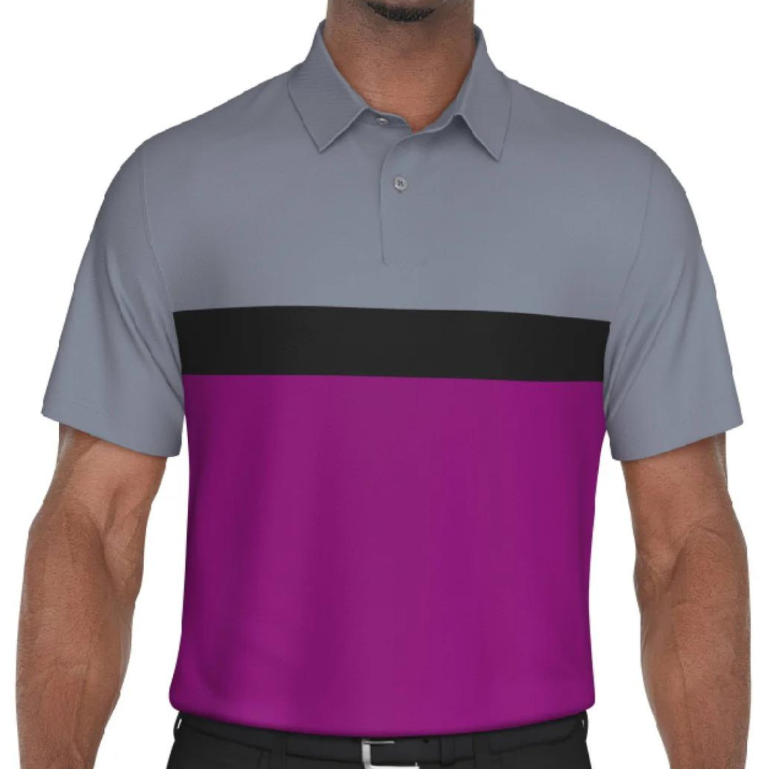 A man wearing a color-blocked polo shirt with gray, black, and magenta sections.