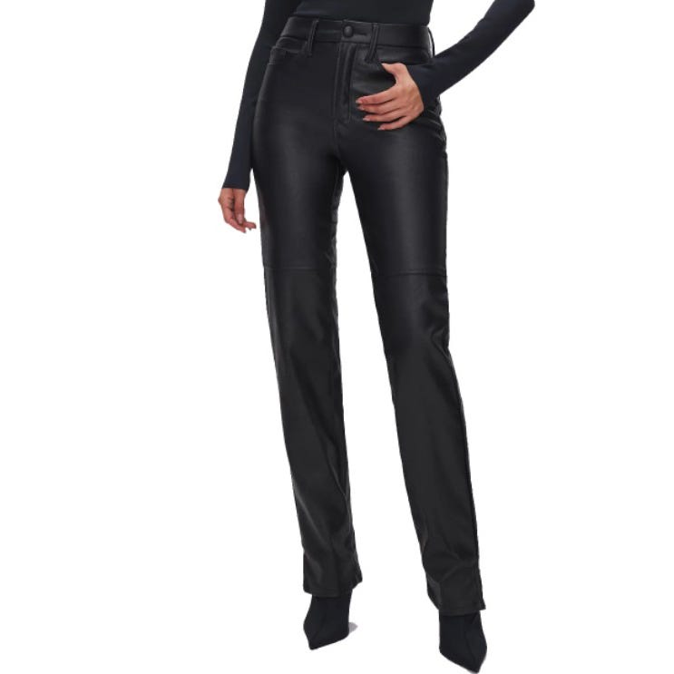 A pair of black leather pants with front pockets and belt loops, worn by a person.