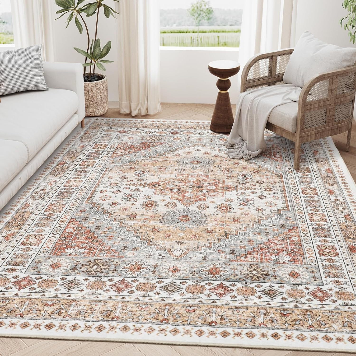 A living room with a patterned area rug featuring intricate designs in muted tones, accompanied by a sofa, a woven chair with a blanket, and a potted plant.