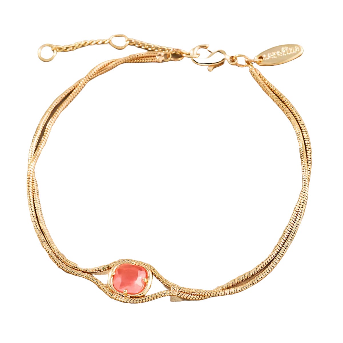 Gold-toned bracelet featuring a delicate, layered chain design and a central pink stone, adjustable with a small clasp and chain for a customized fit.