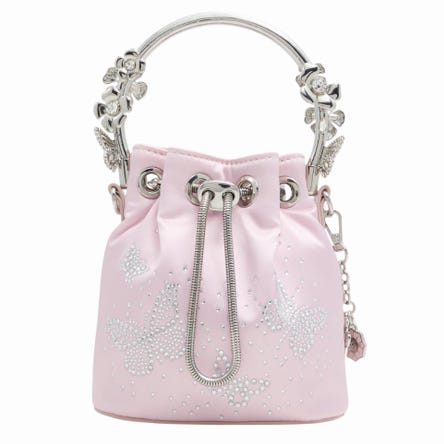 Pink mini bucket bag with silver rhinestone butterflies, metallic drawstring, and decorative floral handle.
