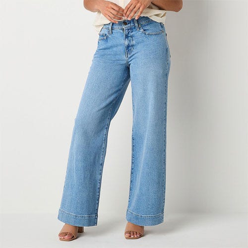 Light blue high-waisted wide-leg jeans.