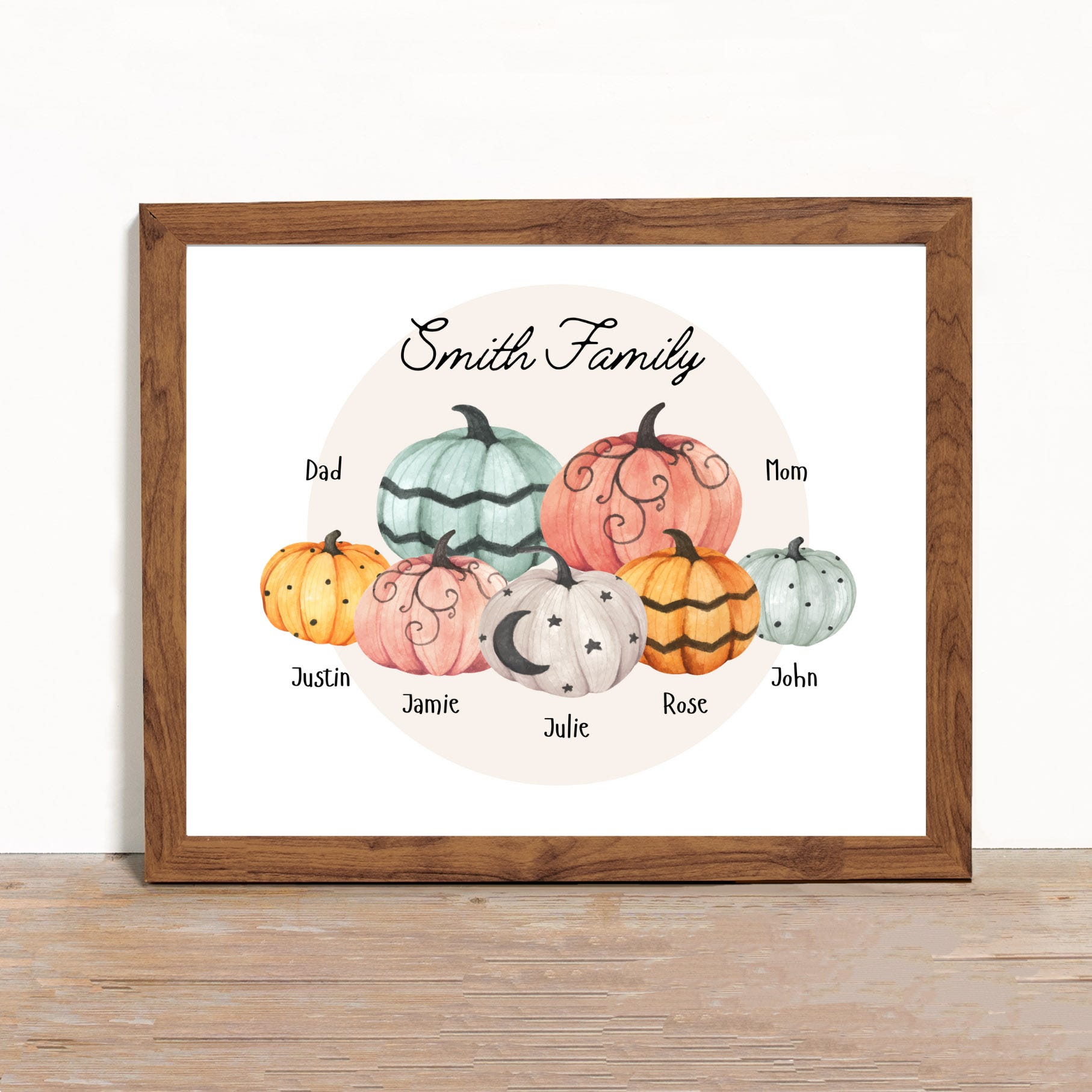 A framed illustration depicts a collection of pumpkins labeled with names of family members: \“Smith Family\“ at the top, and \“Dad, Mom, Justin, Jamie, Julie, Rose, and John\“ around the pumpkins.