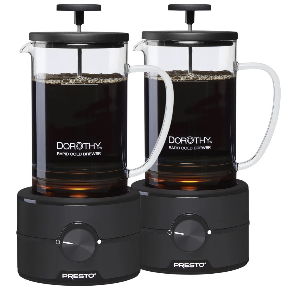 Two Presto Dorothy rapid cold brewers with clear glass containers, black lids, and bases.