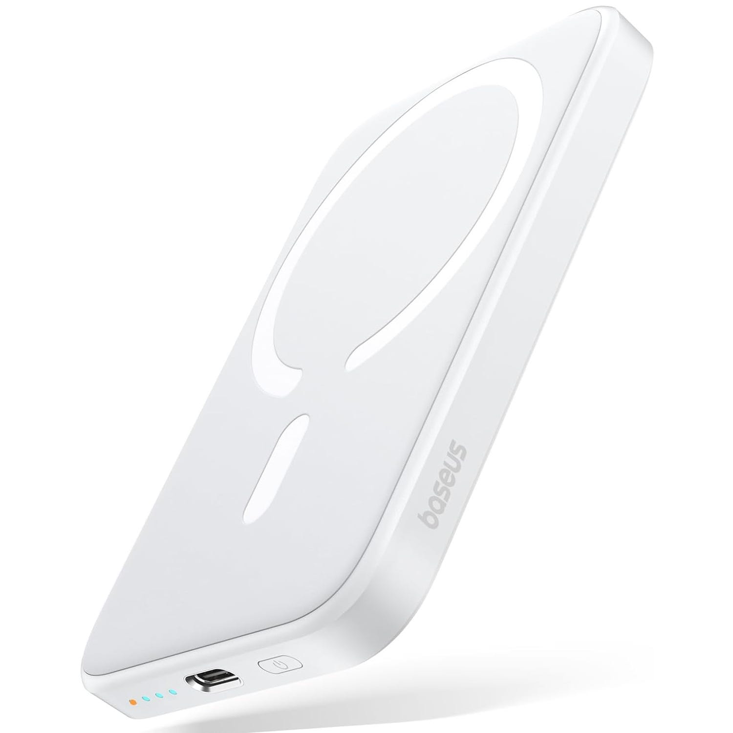 A white Baseus wireless charger with a minimal design, featuring an outline for device alignment and an LED indicator for status.