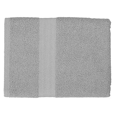 Gray bath towel with a simple textured design and a single stripe detail near the edge.