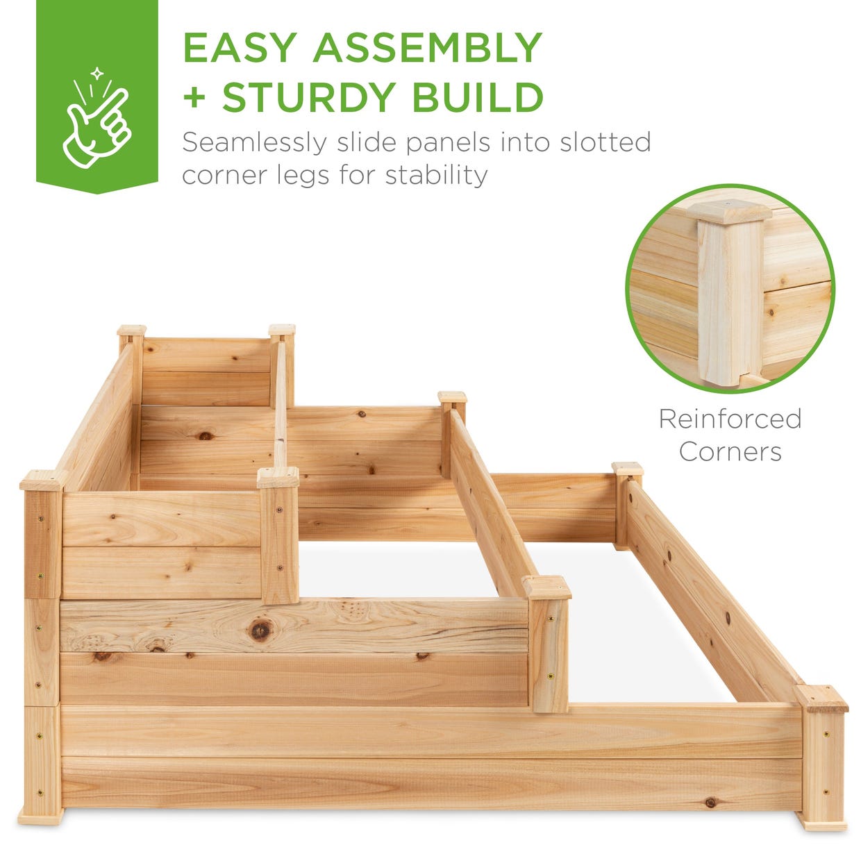 A three-tier wooden garden bed with easy assembly and sturdy build, featuring reinforced corners with seamlessly slotted panel design for stability.