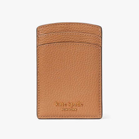 A tan leather card holder with a front pocket and stamped brand name.