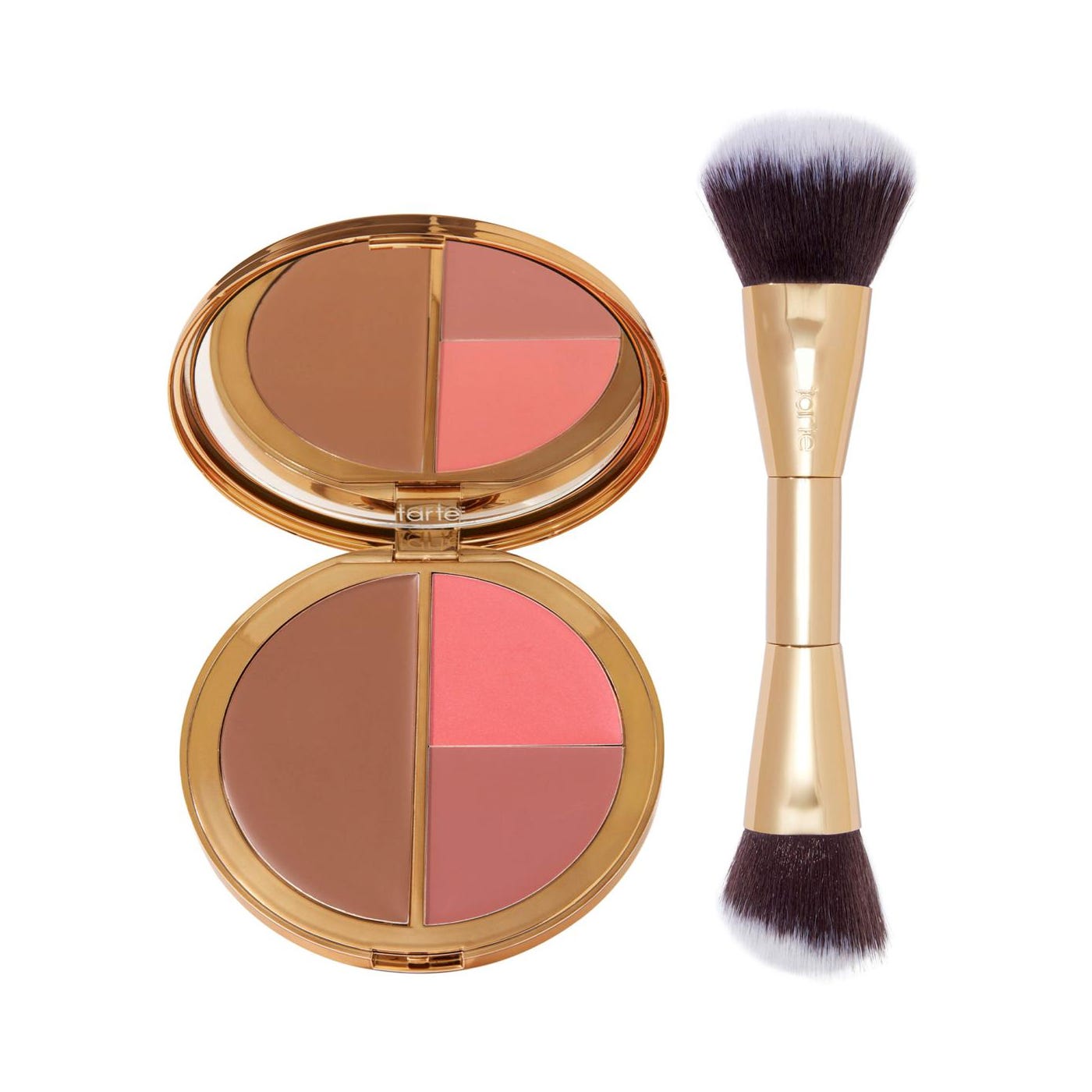 A dual-sided makeup compact with bronzer and blush, accompanied by a double-ended brush.