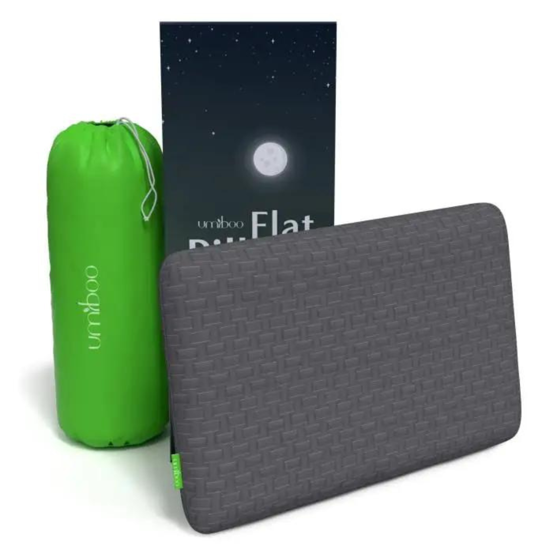 A grey woven-pattern camping mat with a green carrying bag and an accompanying product information card.