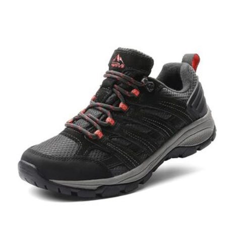 Black and gray hiking shoe with red accents and a rugged sole, designed for outdoor activities.