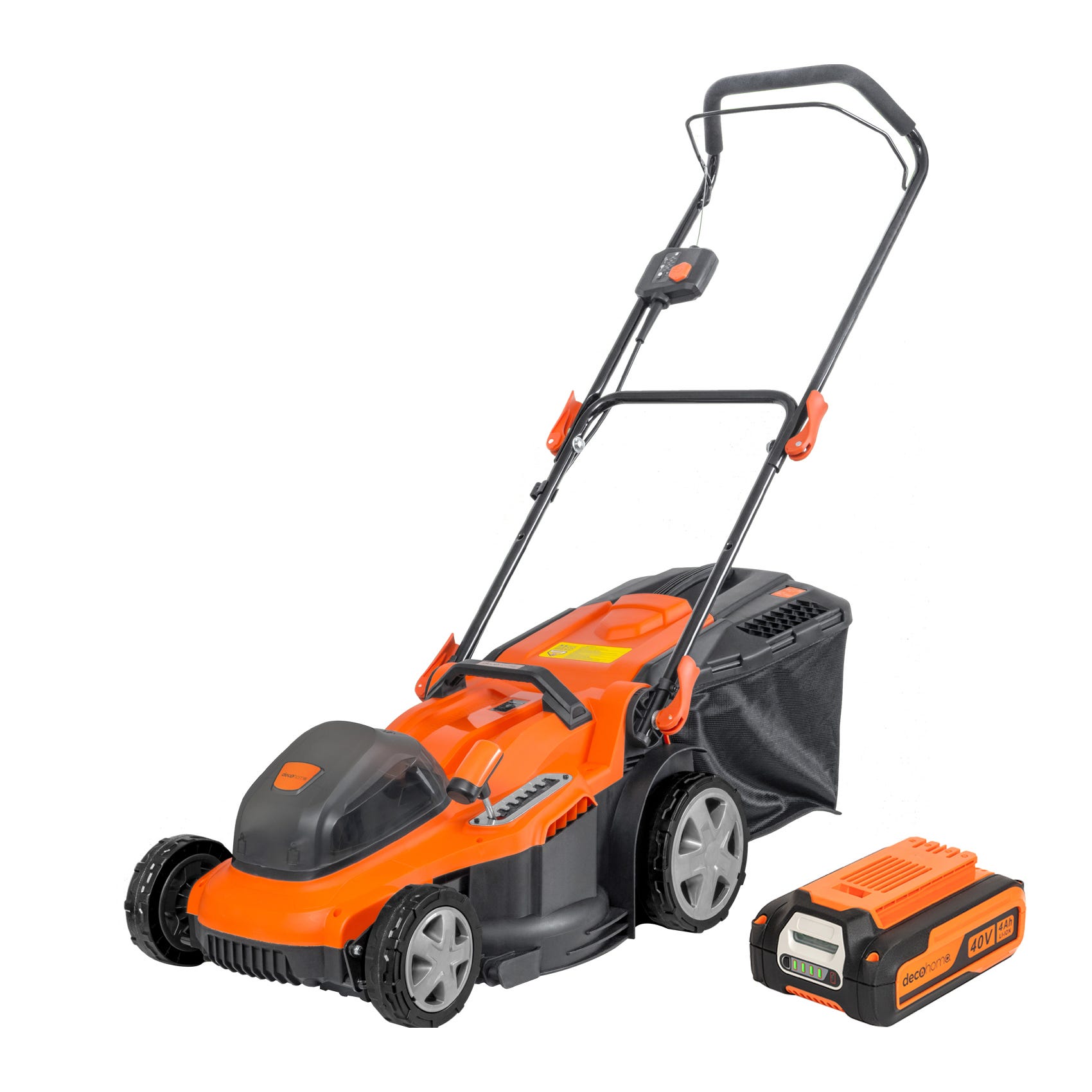 Cordless electric lawn mower with a removable battery pack, featuring an orange and black design.