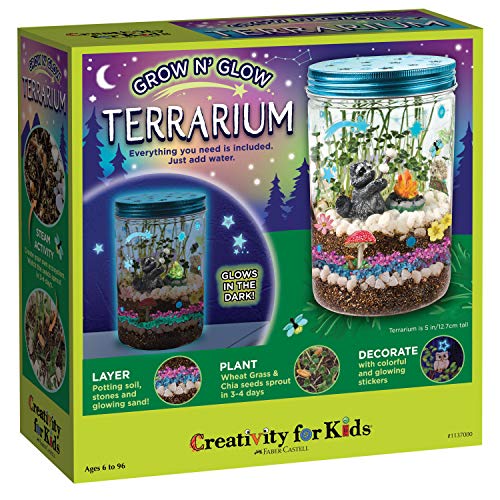 A Kids' Glow and Grow Terrarium Kit, suited for ages 6 to 96, featuring everything needed to create a small garden that glows in the dark.